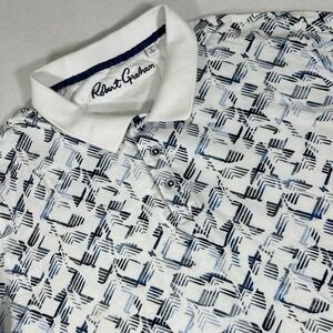 Robert Graham Polo Shirt Mens Large White Blue Geometric Golf‎ Short Sleeve